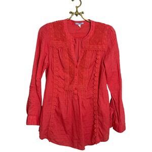 Leifnotes Women's Embroidered Coral Red Blouse Top Size 4 Bohemian Casual